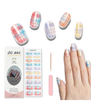 Semi Cured Gel Nail Strips 20 Pcs Gel Nail Polish Wraps Sticker for Salon-Quality Manicure Set Long Lasting Easy to Apply & Remove with Nail File & Wooden Cuticle Stick(Rainbow)