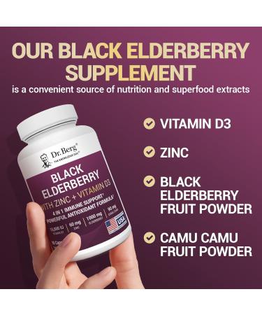 Dr. Berg Black Elderberry Capsules (Advanced Immune Support*) with 15 000 IU Vitamin D 60 mg of Zinc & 90 mg of Camu Camu - (4-in-1) Sambucus Elderberry Immune Support Supplement - 90 Capsules - Buy Online on GoSupps.com