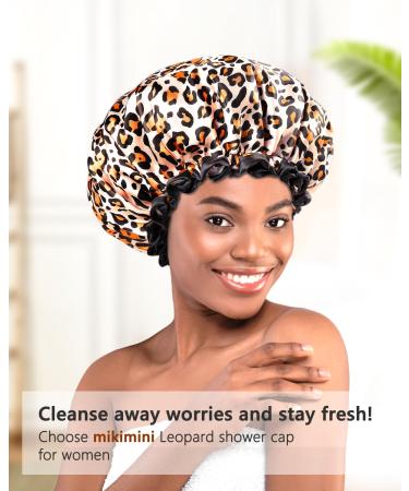 Mikimini Leopard Large Shower Hoods 2-Pack | Waterproof & Washable Shower Caps for Long Hair with Black Lace - XL Size for Women - Buy Online on GoSupps.com