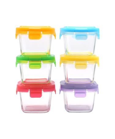 ARSUK Baby Glass Food Storage Containers 6pcs x 150ml Square Airtight BPA-Free Plastic Locking Lids with Silicone Seals for Toddler Foods Fruit Juices