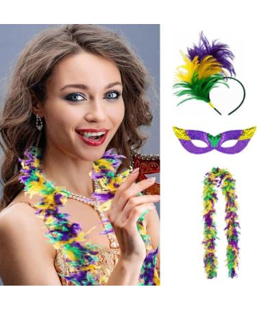 hgnxa Mardi Gras Costume Accessory Set Mardi Gras Tricolor Eyemask Feathers Headband Neckerchief for Womens Girls Cosplay Gift Purple - Buy Online on GoSupps.com