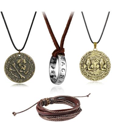 Youu 4 pieces Uncharted Nathan Drake's Rings trailer necklace brass-colored skull-gold coin tag braided leather bracelet
