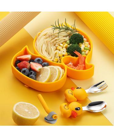BEWOS Yellow Duck Baby Weaning Set - 4 PCS Baby Cutlery & Feeding Set | Suction Plate, Stainless Steel Fork & Spoon | Ideal Gift for Babies - Buy Online on GoSupps.com