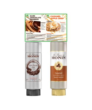 Go2 Groceries Bundle Monin Premium Chocolate Flavoured Dessert Topping Sauces (2 x 500 ml) La Sauce De Monin Dark Caramel with Recipe Cards