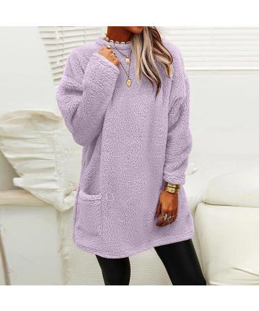 Fuzzy Tops for Women - Casual Solid Color Round Neck Long Sleeve Blouse | Purple Sweatshirt with Pocket - Buy Online on GoSupps.com