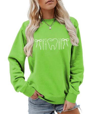 Dental Hygienist Sweatshirt for Women Dental Assistant Graduation RDH Gift Dental Office Teeth Print Warm Shirts Neon Green Whiteprint Medium