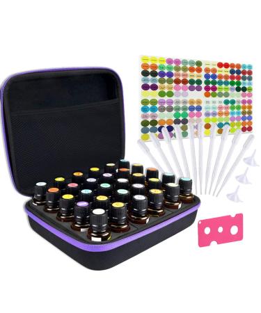 TUZAZO Essential Oils Storage, Essential Oils Carrying case for 30 Bottles 5ml 10ml 15ml, Hard Shell Shockproof & Durable, Come with Bottle Opener, Bottle Cap Labels (Black&Purple)