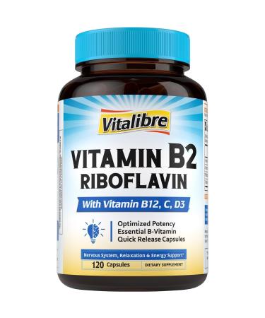 Vitamin B2 400 mg Riboflavin Essential Daily B Vitamin Easily Absorbed Form with B12 D3 VC 120 Capsules