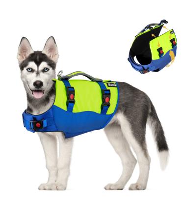 Eyin life jackets for large dogs size -adjustable dog vest with strong buoyancy light swimming aid with reflective rescue handle and tear protection for swimming (blue L) L blue & yellow
