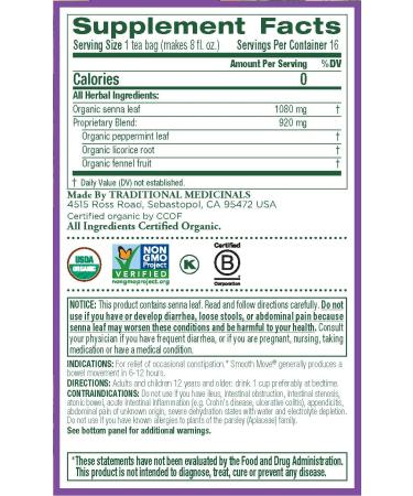 Organic Smooth Move Peppermint Laxative Tea - Caffeine Free, 16 Wrapped Bags - Buy Online on GoSupps.com