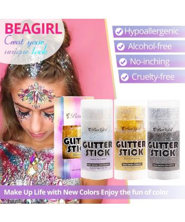 Body Glitter Stick Set - 3pc Festival Cosmetic Glitter for Face Lips Eyes & Hair | Holographic Gold & Silver Sequin Party Sparkle - Buy Online on GoSupps.com