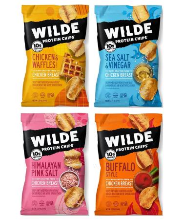 Wilde Chips Variety 4 Pack - Thin and Crispy, High Protein, Keto, Made with Real Chicken - (2.25oz Bag) In Sanisco Packaging