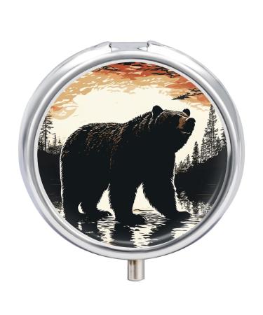 Round Pill Box Bear Silhouette Print 3 Compartment Medicine Pill Case Print Pill Organizer Decorative Metal Portable Pill Box Pocket Pill Box Style