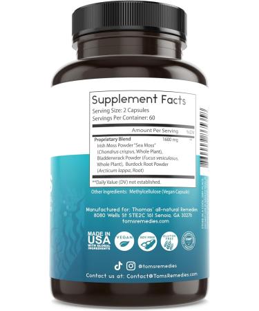 Thomas' all-natural Remedies Irish Sea Moss Capsules Sea Moss with Bladderwrack & Burdock Root Organic for Gut Health Digestion Energy & Immune Support 120 Seamoss Pills - Buy Online on GoSupps.com