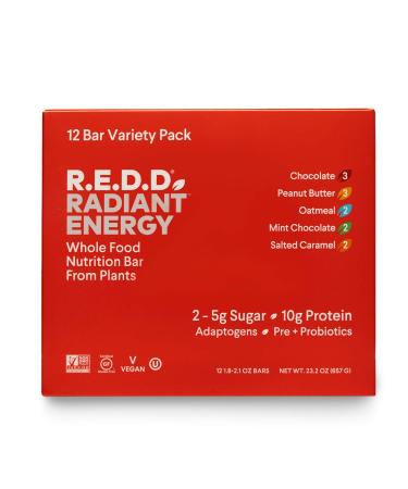 R.E.D.D. Vegan Protein Bar, Variety Pack, 12 Bars, Healthy Snack with 10g Plant-Based Protein, Low Sugar, Gluten-Free, Dairy-Free, High Fiber, Probiotics