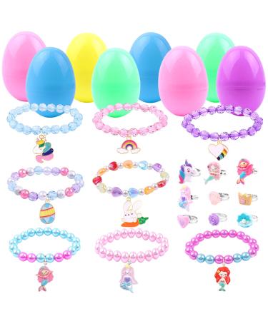 DIYDEC Filled Easter Egg 8pcs Cute Easter Bracelets Rings Girls Jewelry Kit Prefilled Colorful Easter Egg for Girls Easter Basket Stuffer