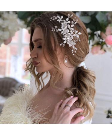 Wedding Hair Clip Wedding Hair Accessories Barrette Hair Decorations Handmade Flower Rhinestone Crystal Headpiece for Women Girls Bridal Bridesmaid Hair Pin (Sliver) - Buy Online on GoSupps.com