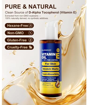 FLOWHYET 300ML Pure Vitamin E Oil for Skin 9.5 fl oz, Organic Vitamin E Oil for Scar, Stretch Marks, Face and Hair, Lightweight Bath and Body Oil Moisturizing Hexane Free Non-GMO Cold Pressed - Buy Online on GoSupps.com