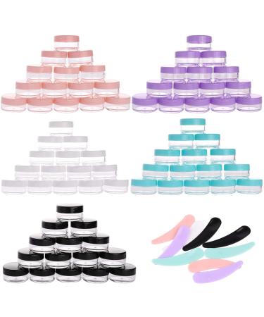 100 Count 10 gram Small Round Sample Containers with lids Cosmetic Jars Plastic Jars Makeup Containers Lip Scrub Containers Leak Proof and 10Pcs Mask Spatula for Beauty Products 10g Multi Colored