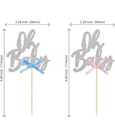 24Pcs Oh Baby Cupcake Toppers Glitter Baby Shower Cupcake Picks with Pink Blue Bow for Gender Reveal Baby Shower Kids Boys Girls Birthday Party Cake Decorations Supplies Rose Gold Silver Bow - Buy Online on GoSupps.com