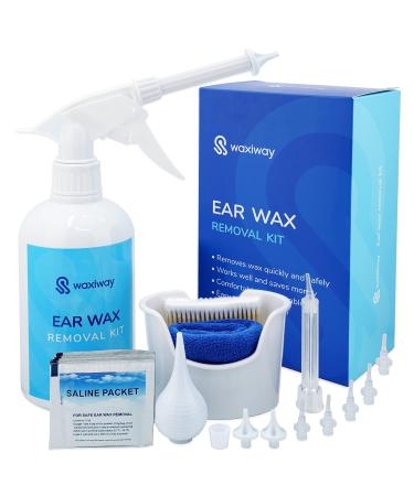WAXIWAY Ear Wax Removal Kit – Ear Cleaning Kit with Spray Bottle, Ear Syringe, Basin, Cotton Swabs, Disposable Tips, Soft Towel and Salt Solution Packets – Eliminate Earwax Discreetly at Home… Manual