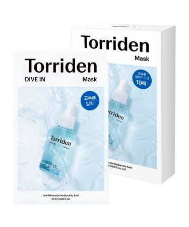 Torriden DIVE-IN Low-Molecular Hyaluronic Acid Facial Sheet Masks 10EA 100% Cellulose Sheets for Sensitive Dry Skin Fragrance-Free Alcohol-Free No Colorants | Vegan Clean Cruelty-Free