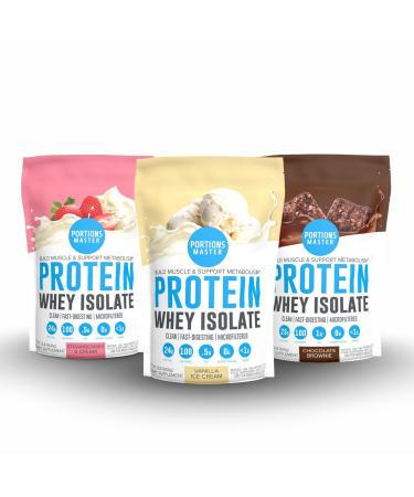 Portions Master CFM Whey Isolate Protein Powder Neapolitan Bundle Chocolate Brownie Vanilla Ice Cream & Strawberries and Cream (3 Flavor Pack)
