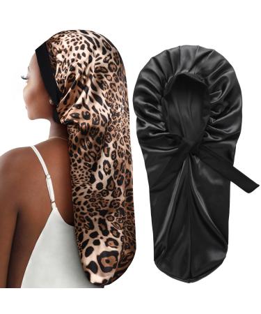 2 Pcs Hair Bonnets for Women Satin, Black Leopard Soft Elastic Band Long Satin Bonnet Sleeping Cap for Women Bonnet for Braids Large Black+leopard