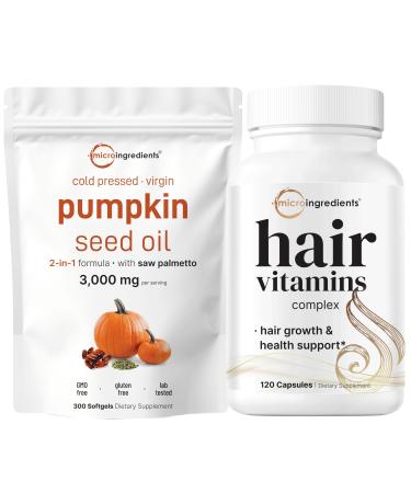 Micro Ingredients Pumpkin Seed Oil with Saw Palmetto 3 000mg Softgels & Hair Vitamins Complex Capsules | 2 Pack Bundle | Cold Pressed Virgin Oil | 14-in-1 Hair Growth Support with Collagen & Biotin