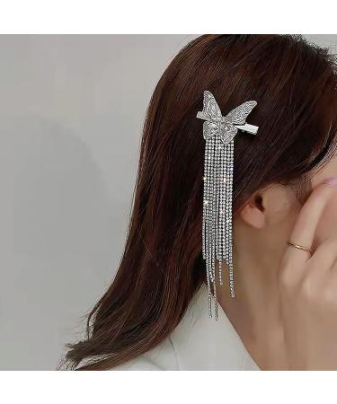 TseenYi Butterfly Rhinestone Tassel Hair Clip Silver Butterfly Barrette Crystal Long Tassel Hairpin Clip Shiny Cz Wedding Barrettes Bridal Decorate Hair Accessories for Women and Girls