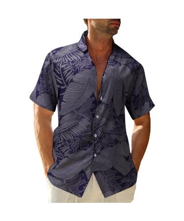 Men's Palm Leaf Print Hawaiian Shirt Retro Casual Slim Fit Lapel Button Down Short Sleeve Dress Shirt T-Shirt Navy X-Large