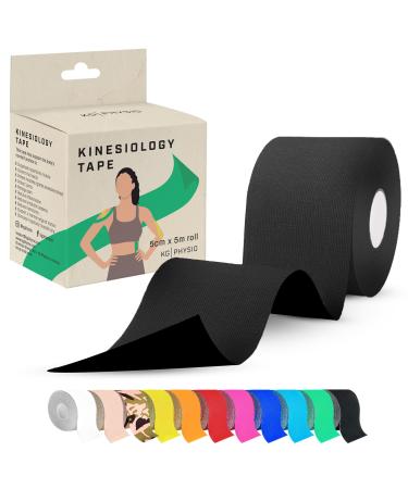 KG Physio Kinesiology Tape 5m Roll - Kinesio Tape for Joint and Muscle Support Multipurpose KT Tape Body Tape Physio Tape Sports Tape Trans Tape Athletic Tape - Black