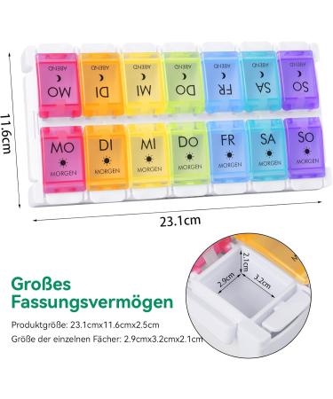 Mericargo 7-Day Pill Box - Simple Filling Push Button 2 Compartments Multi-Colored Portable Organizer for Vitamins & Supplements - Buy Online on GoSupps.com