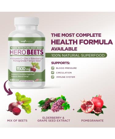 Gade Nutrition Hero Beets - Beet Root Capsules 1500mg - Organic Beet Root Powder + Vitamin C Zinc Elderberry Pomegranate Grape Seed Extract - 3 Months Supply 90 Count (Pack of 1) - Buy Online on GoSupps.com