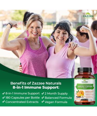 Zazzee Extra Strength 8-in-1 Immune Support - 180 Vegan Capsules | Vitamin C, D3, Zinc, Elderberry, Echinacea, Goldenseal, Turmeric, and Astragalus - 1400mg per Capsule, All-Natural - Buy Online on GoSupps.com