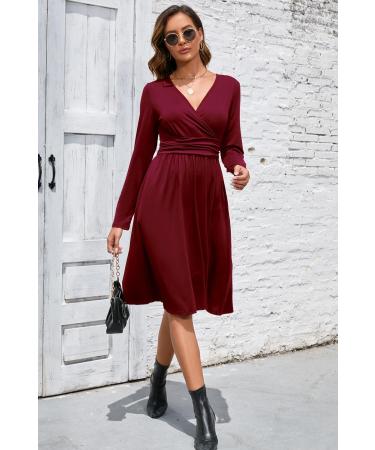 OUGES Women's Spring Casual Midi Dress - Long Sleeve V-Neck Floral Wrap Dress - XL Dark Red - Buy Online on GoSupps.com