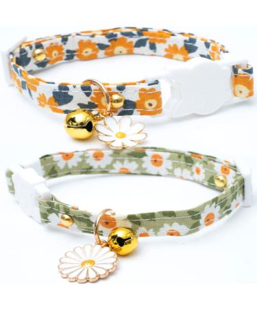 Faygarsle Cotton Safe Breakaway Cat Collars with Bell Daisy Charm Green Orange Pink Blue Kitty Kitten Cute Cat Collars for Girl Cats Female Cats Green&Orange