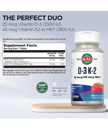 Kal 1000 IU D-3 & K2 Raspberry Tablets 60 Count - Pack of 1 - Buy Online on GoSupps.com