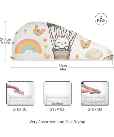 Cute Bunnies Hot Air Balloons Hair Towel 2 Pack - Super Absorbent Quick Dry Hair Turbans for Women & Girls - Buy Online on GoSupps.com