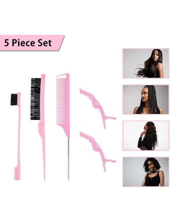 Pink Hair Styling Comb Set - 5 Pieces for Edges Control, Teasing, Rat Tail Comb, and Alligator Clips - Women, Girls, Stylists Beauty Accessories - Buy Online on GoSupps.com