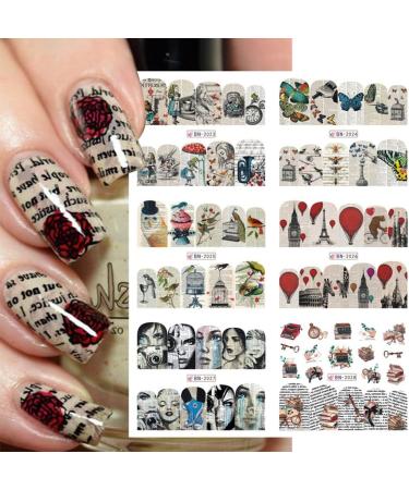 12 Design/Sheet Nail Art Decorations Manicure Butterfly-shape Rose Flower Newspaper Nail Stickers Valentine Retro Movie(BN1993-2004) - Buy Online on GoSupps.com