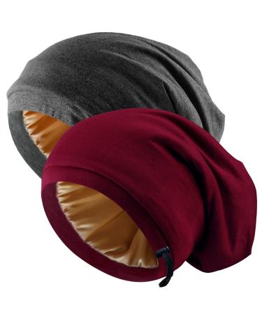 Silk Satin Bonnet Hair Wrap for Sleeping, 2 Pcs Adjustable Silk Bonnets for Women Men Sleep Cap Silk Lined Slouchy with Adjustable Strap Curly Hair Head Scarf Night Caps Large Black+red
