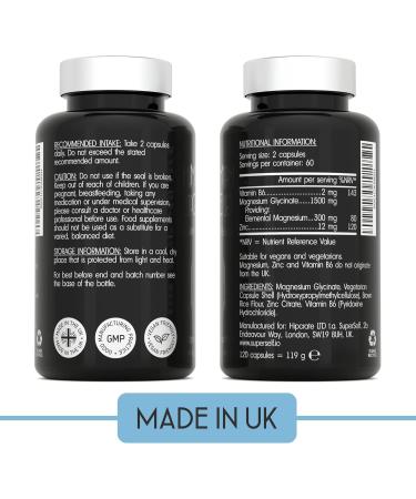 Magnesium Glycinate Supplement - 1500mg Magnesium Bisglycinate Capsules with Zinc & Vitamin B6-120 Tablets High Strength Complex - 300mg Chelated Supplement with Zinc - Advanced Absorption - UK Made - Buy Online on GoSupps.com