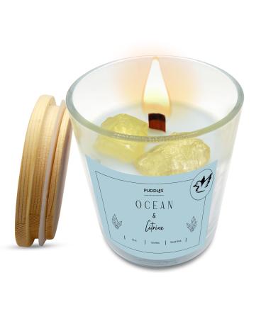 Ocean Scented Soy Candle with Citrine Crystals - Extra Large 12 oz Long-Lasting Wooden Wick Calming Relaxing Crackle by Puddles