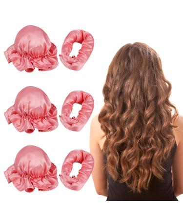 LIUMINXIN 3Sets/6PCS Satin Heatless Curling Set with Adjustable Clasp No Heat Curling Rods and Hair cap for Overnight Curls Suitable for All Hair Types (Pink)