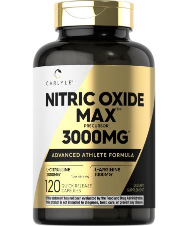 Carlyle Nitric Oxide Supplement 3000mg | 120 Capsules | Pre Workout with L-Arginine & L-Citrulline | Non-GMO Gluten Free