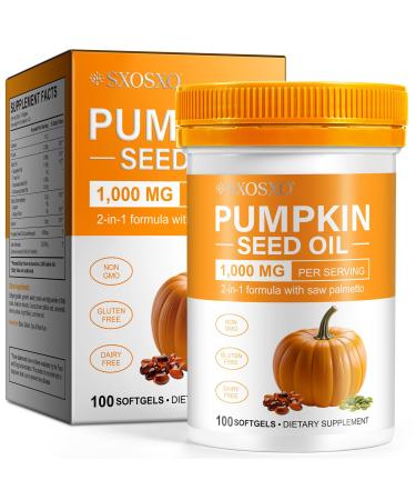 SXOSXO Pumpkin Seed Oil with Saw Palmetto Capsules Cold Pressed Virgin Oil for Hair Growth & Prostate Health Essential Fatty Acids & Phytosterols Non-GMO 100Softgels
