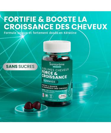 Santarome - Sublimes Cheveux Force & Croissance - Hair growth food supplement - Horsetail Blueberry Vitamins B6 B8 Zinc - 30 Gummies - Sugar-free - France - Buy Online on GoSupps.com
