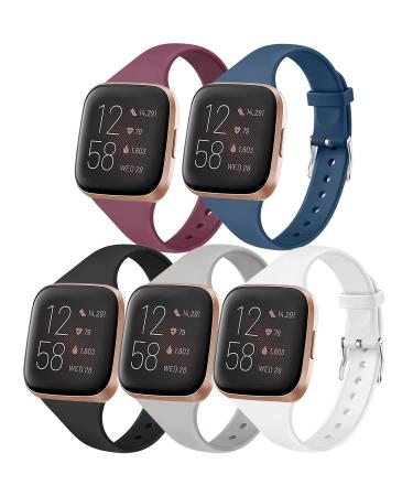 5 Pack Slim Bands Compatible with Fitbit Versa 2 Bands/Fitbit Versa/Versa Lite/Versa SE, Soft Silicone Replacement Wristband for Fitbit Versa Smart Watch Women Men (Small, Black/Gray/White/Wine Red/Navy Blue) Black/Gray/Wh…