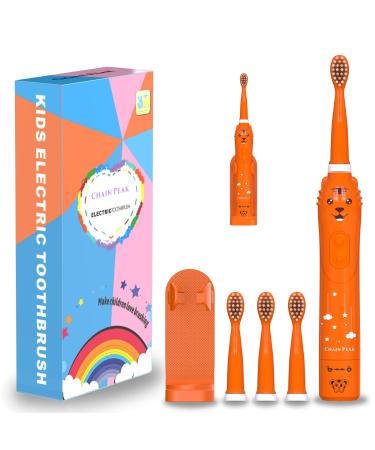 Kids Sonic Electric Toothbrush, Rechargeable Smart Toothbrush for Children, Sonic Toothbrush for Boys Girls Age 3-12 with 30s Reminder, 2 Mins Timer, 6 Modes, 4 Brush Heads, Wall-Mounted Stand 8650 Orange+4 Heads+ Stand